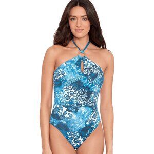 Lauren Ralph Lauren Ring Halter One-Piece Swimsuit Size 10 Blue Indigo Patchwork